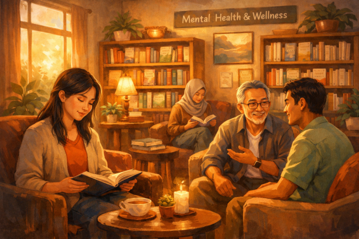 Pojok Literasi Jiwa di dalam Puskesmas dengan rak buku dan pengunjung membaca serta berdiskusi.