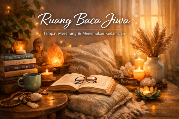 Home 10 Sudut sunyi di Pojok Literasi Jiwa dengan pencahayaan lembut dan rak buku penuh inspirasi