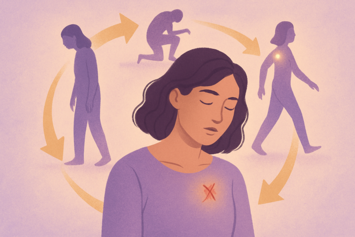 Gambar siklus hidup menunjukkan pola lama dan luka baru dengan simbol harapan dan pembaruan.