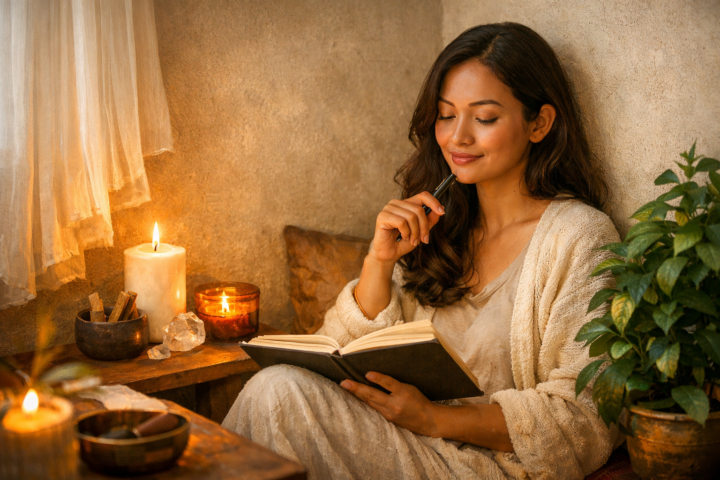 Praktik harian di pojok jiwa dengan menulis jurnal dan meditasi pernapasan dengan suasana tenang di dalam ruangan.