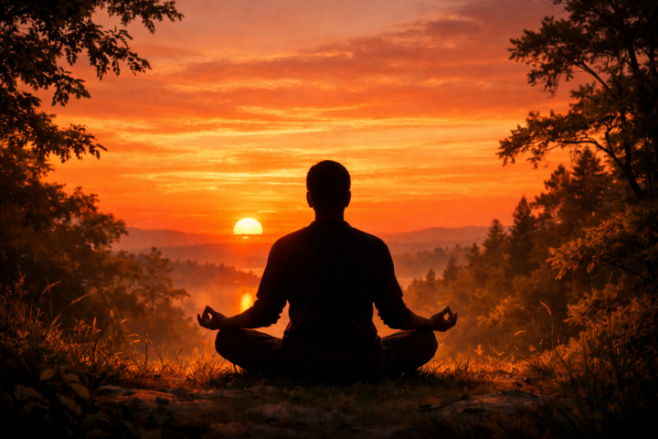 Seseorang bermeditasi di alam saat matahari terbenam, menggambarkan keheningan dan kontemplasi untuk pelatihan jiwa