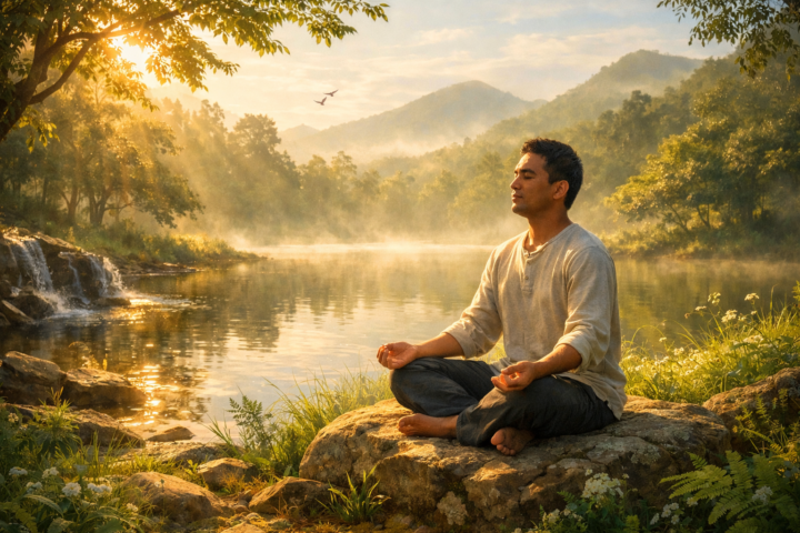 Seseorang merenung tenang di alam sebagai simbol refleksi dalam proses pemulihan diri