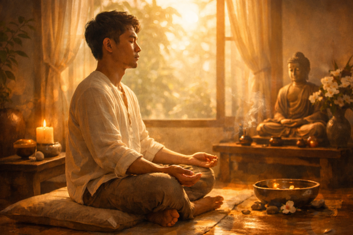 Orang sedang merenungi diri dalam keheningan, menunjukkan refleksi dan kesadaran diri