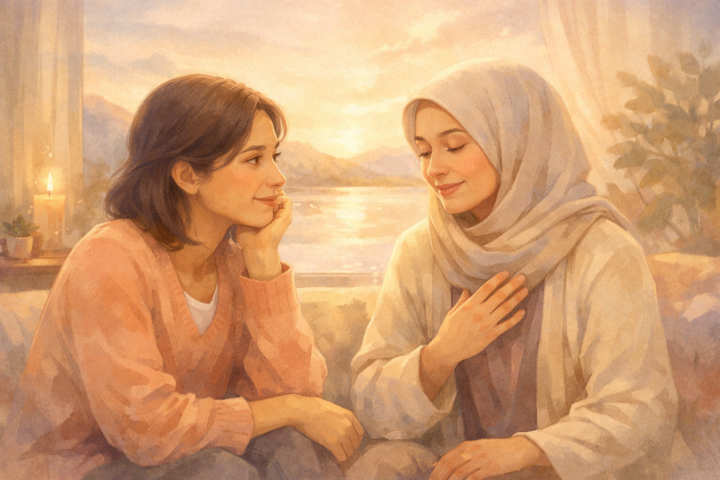 Ilustrasi dua orang berinteraksi penuh empati dan kasih dalam hubungan yang menyembuhkan