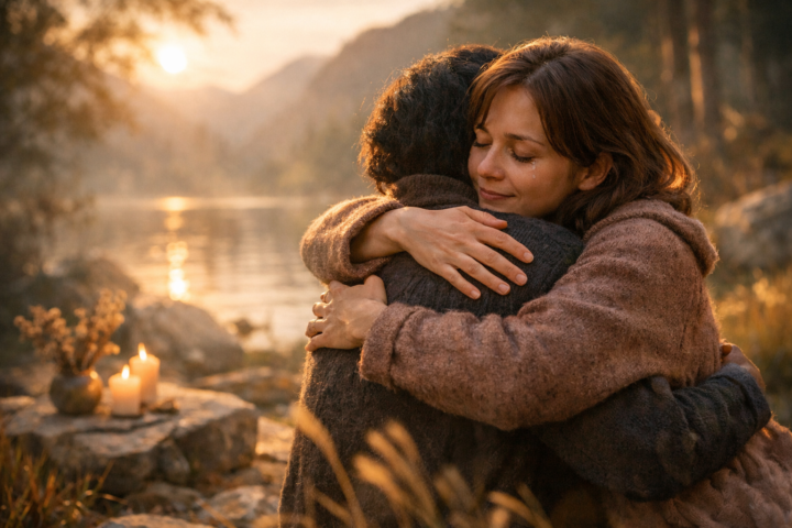Dua orang berpelukan hangat melambangkan relasi yang menyembuhkan dan koneksi emosional yang kuat
