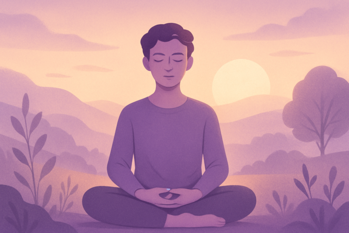 Orang bermeditasi di alam yang tenang dengan ekspresi damai sebagai simbol restorasi jiwa