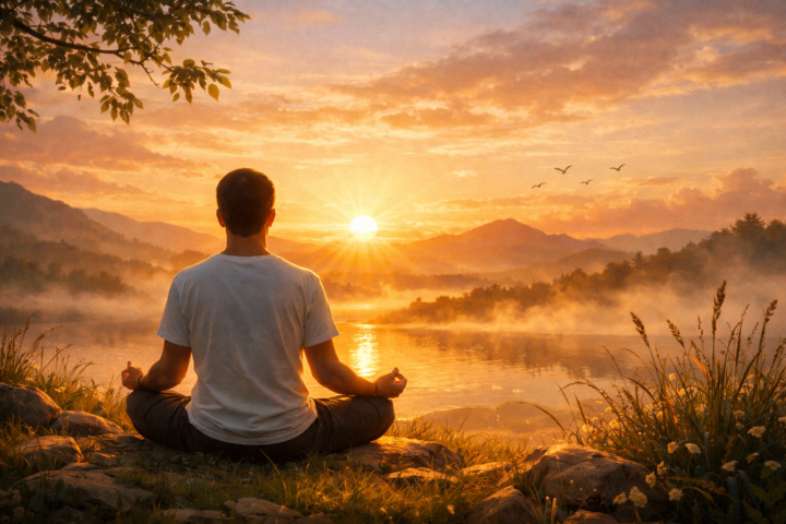 Orang bermeditasi di alam terbuka saat matahari terbit untuk pemulihan jiwa dan keseimbangan batin.