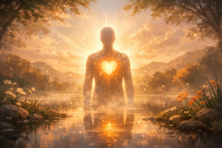 Ilustrasi siluet manusia dengan simbol hati bersinar, mewakili restorasi jiwa dan peradaban manusiawi