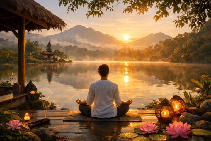 Seseorang bermeditasi di lokasi retreat yang tenang dikelilingi alam untuk refleksi diri dan kedamaian batin