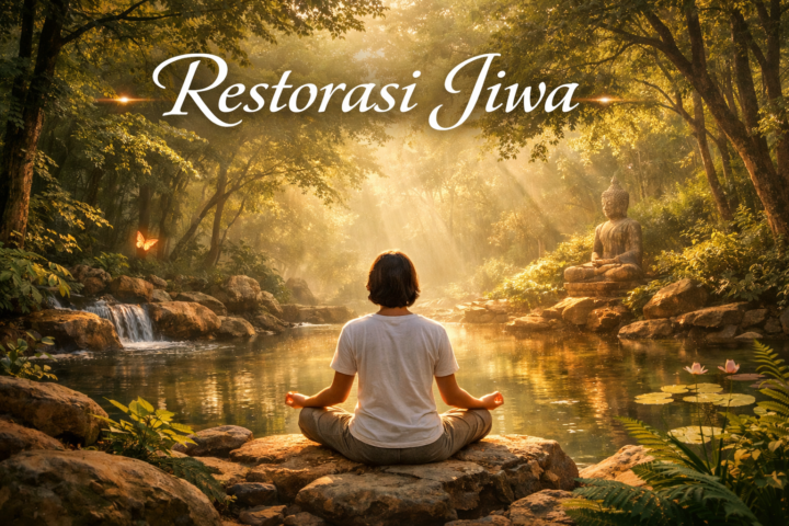 Orang bermeditasi di tengah alam hijau saat matahari terbit, melambangkan kedamaian batin