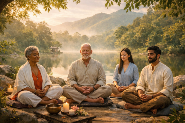 Home 3 Pemimpin beragam sedang bermeditasi di alam dalam suasana retreat yang tenang untuk menguatkan ketahanan batin