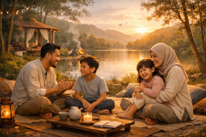 Home 4 Keluarga sedang bersantai dan berinteraksi hangat dalam retreat keluarga di alam terbuka