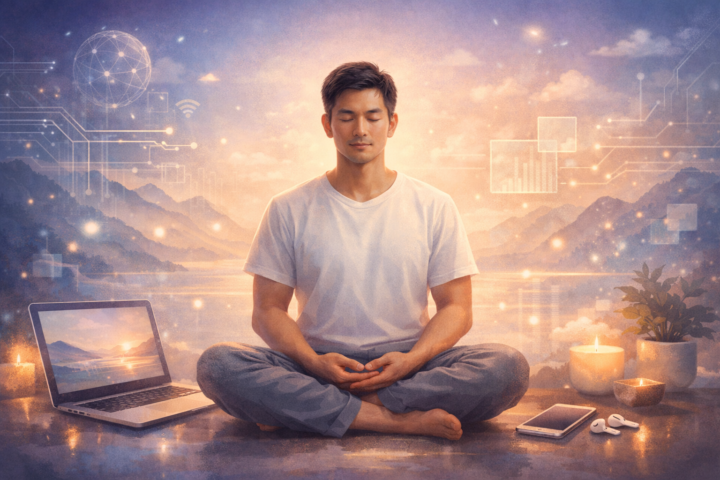 Home 4 Seseorang bermeditasi dengan latar belakang digital yang menenangkan, mewakili retreat online untuk kesehatan mental