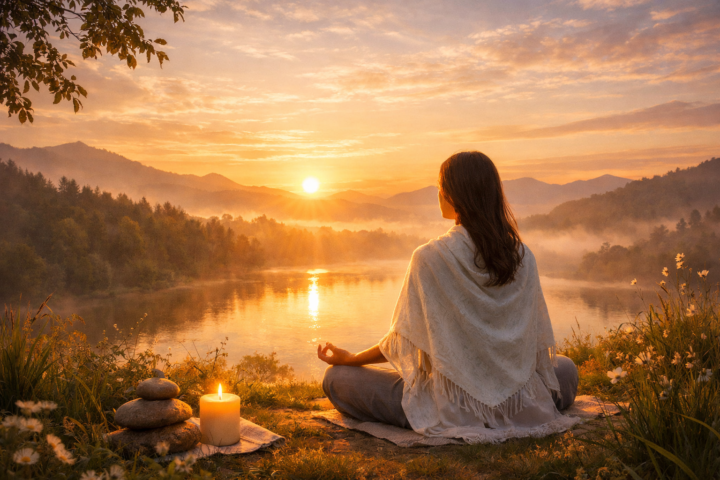 Wanita bermeditasi di alam sebagai simbol retreat dan ketenangan jiwa