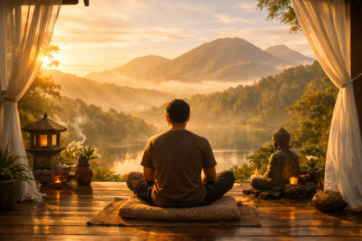 Home 9 Orang sedang merenung di tempat retret alam yang tenang dengan pemandangan pegunungan