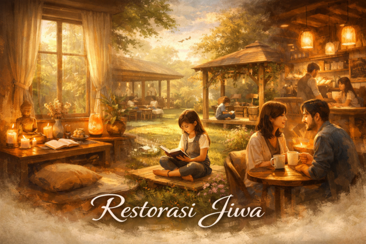 Ilustrasi ruang pulih di sekolah dan warung kopi dengan pencahayaan lembut dan suasana tenang
