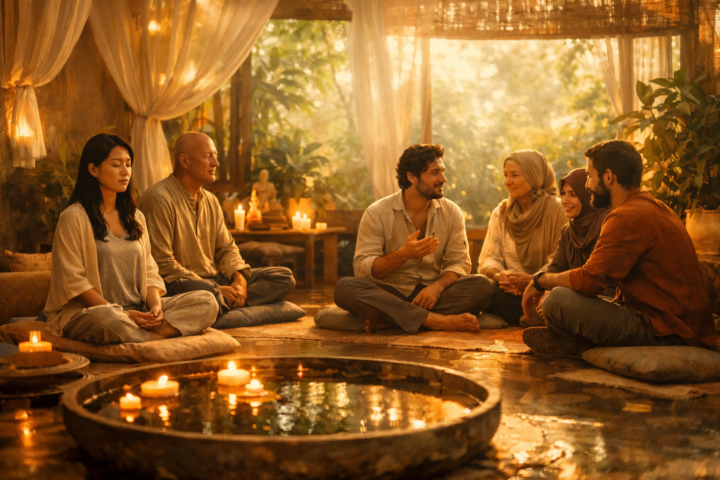 Orang-orang bermeditasi dan berdiskusi di Ruang Reflektif Komunal yang tenang dan harmonis