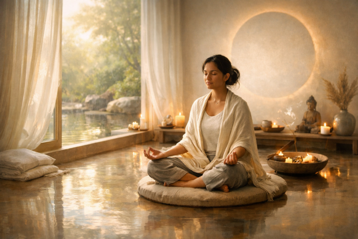 Orang duduk tenang di ruang reflektif yang damai dengan cahaya alami lembut, melambangkan kedamaian batin dan introspeksi.