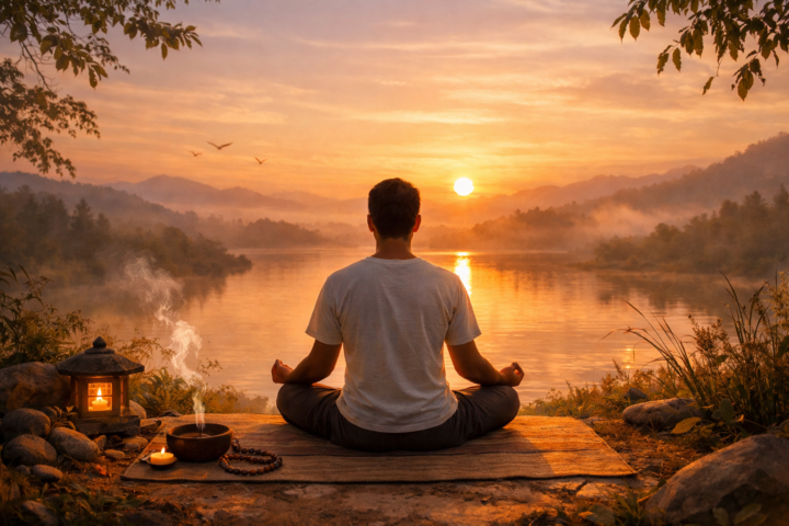 Meditator di alam terbuka menikmati keheningan dan kedamaian dalam retreat untuk pemulihan jiwa