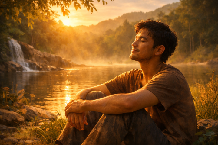 Orang merenung dalam cahaya hangat, simbol penyembuhan trauma masa kecil melalui pendidikan jiwa