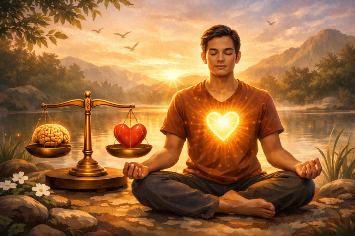 Ilustrasi seseorang bermeditasi dengan simbol hati bersinar dan keseimbangan antara logika dan perasaan