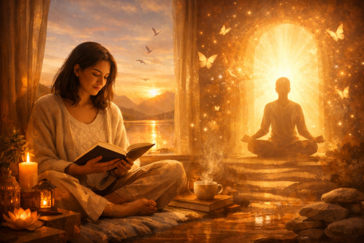 Seseorang sedang membaca buku dalam suasana hangat yang melambangkan penemuan diri dan perubahan batin