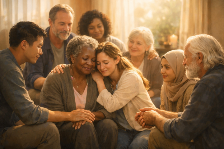 Komunitas yang saling mendukung dalam proses pemulihan jiwa dengan suasana hangat dan penuh empati