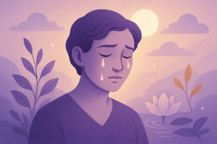 Orang menangis dengan aman di tengah pemandangan alam yang tenang sebagai simbol penyembuhan emosional