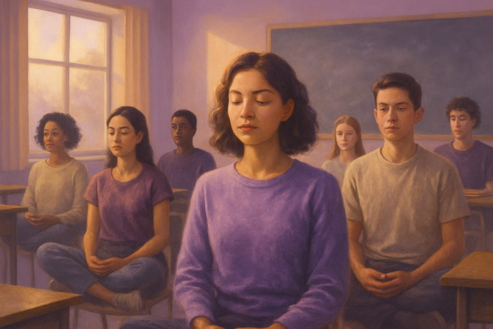 Siswa sedang bermeditasi dan refleksi di kelas sebagai simbol pendidikan kesadaran batin