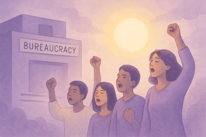 Ilustrasi sistem pelayanan publik membisu dengan masyarakat yang berani bersuara untuk perubahan