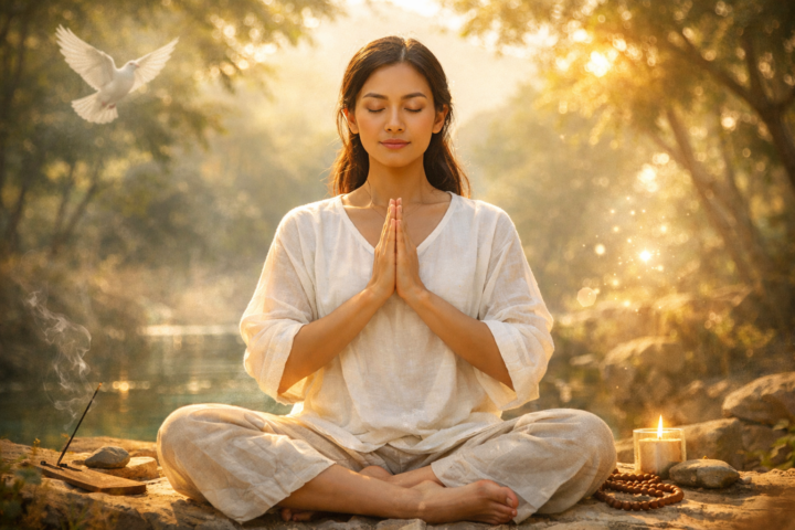 Orang bermeditasi di luar ruangan dengan cahaya matahari lembut di antara pepohonan, melambangkan kesadaran spiritual dan doa