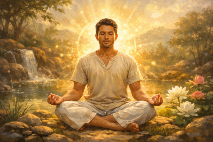 Ilustrasi meditasi damai di alam menggambarkan spiritualitas yang menyembuhkan