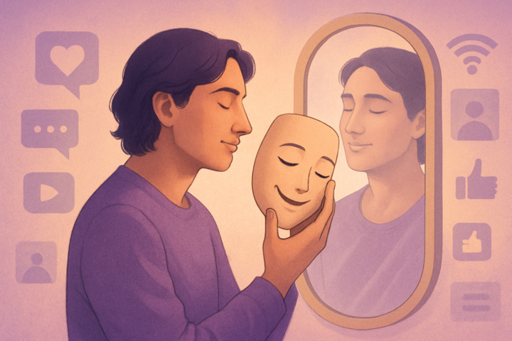 Seseorang melepas topeng sosial di depan cermin simbol penerimaan diri dan kebebasan dari pencitraan