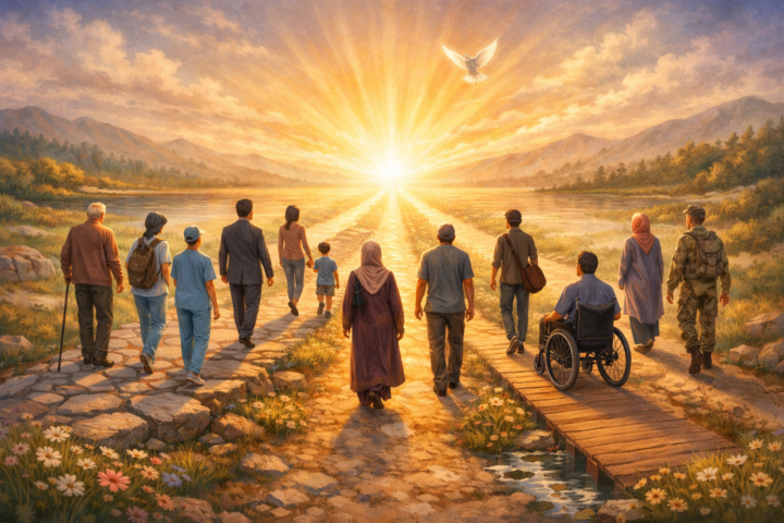 Ilustrasi orang dengan jalur berbeda menuju pemulihan dan harapan