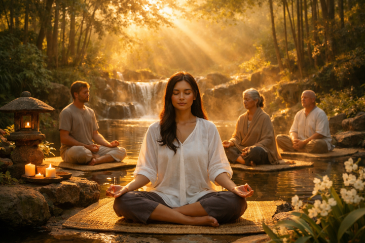 Peserta retreat restorasi jiwa bermeditasi di alam dengan cahaya matahari hangat dan suasana tenang