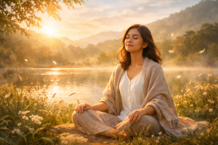 Wanita duduk tenang di alam terbuka dengan mata terpejam, menggambarkan kedamaian batin dan ruang untuk merasakan emosi