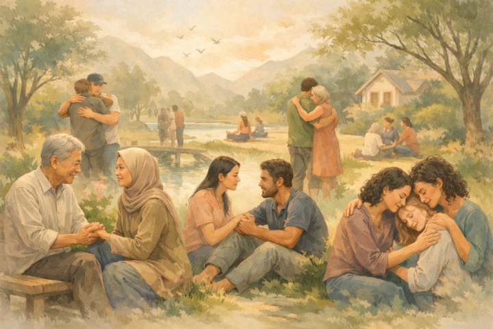 Orang-orang dari berbagai latar belakang saling berinteraksi dengan empati dan tanpa menghakimi