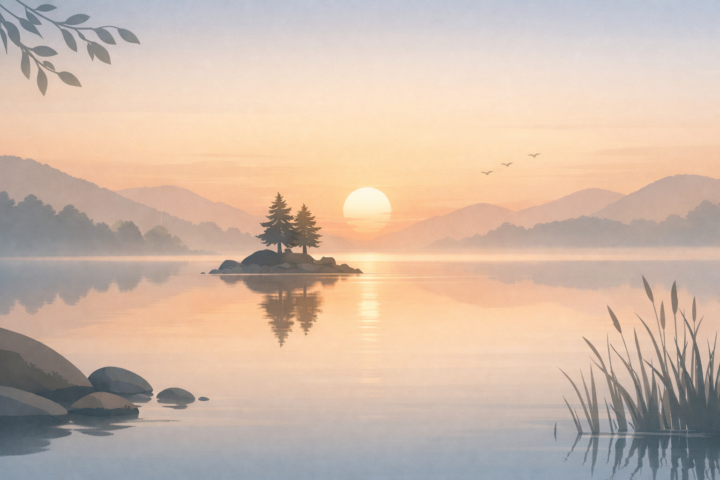 Pemandangan alam yang tenang dan damai saat fajar, menggambarkan kedamaian dan keheningan dalam menghadapi perubahan