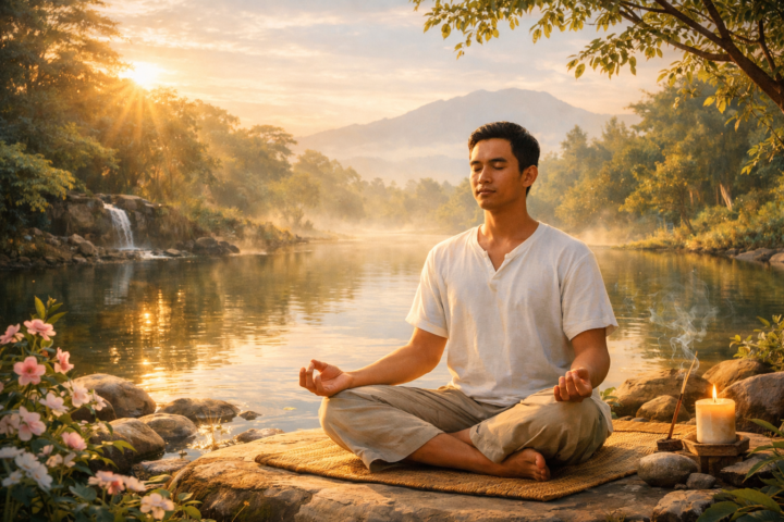 Orang bermeditasi dalam suasana alami yang tenang sebagai simbol transformasi batin melalui kesadaran kecil