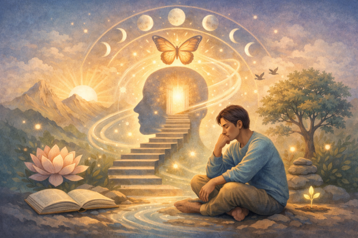 Ilustrasi orang berpikir dengan latar belakang simbol transformasi dan pertumbuhan diri, menggambarkan literasi jiwa