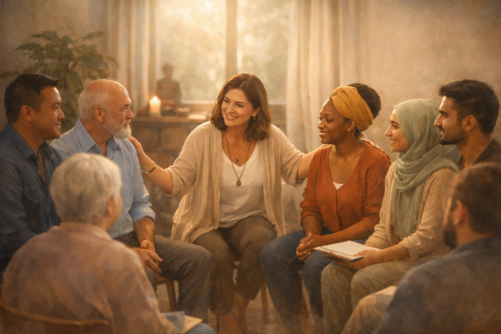 Pelatih berempati memimpin sesi pelatihan inklusif dengan peserta beragam dan suasana mendukung