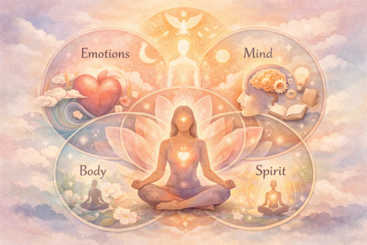 Ilustrasi harmoni antara tubuh, emosi, pikiran, dan spirit sebagai satu kesatuan dalam kehidupan