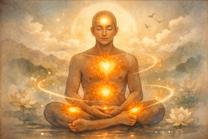 Ilustrasi tubuh manusia dengan area yang bersinar menunjukkan hubungan antara sensasi fisik dan jiwa