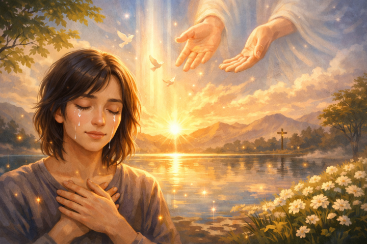 Seseorang menangis dengan latar belakang damai yang melambangkan harapan dan pemulihan emosional