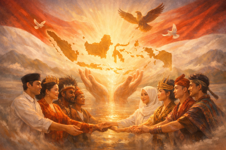 Ilustrasi kebangkitan bangsa Indonesia melalui restorasi jiwa dan persatuan etnis.