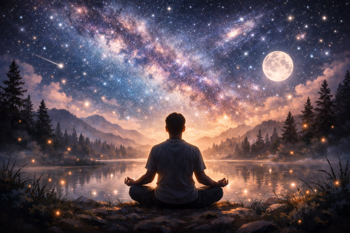 Ilustrasi meditasi di alam terbuka dengan latar alam semesta dan kedamaian jiwa