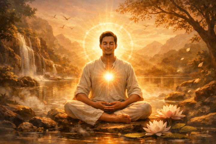 Ilustrasi sosok manusia dengan aura ketenangan dan kesadaran, mewakili konsep visi yang diukur lewat kehadiran